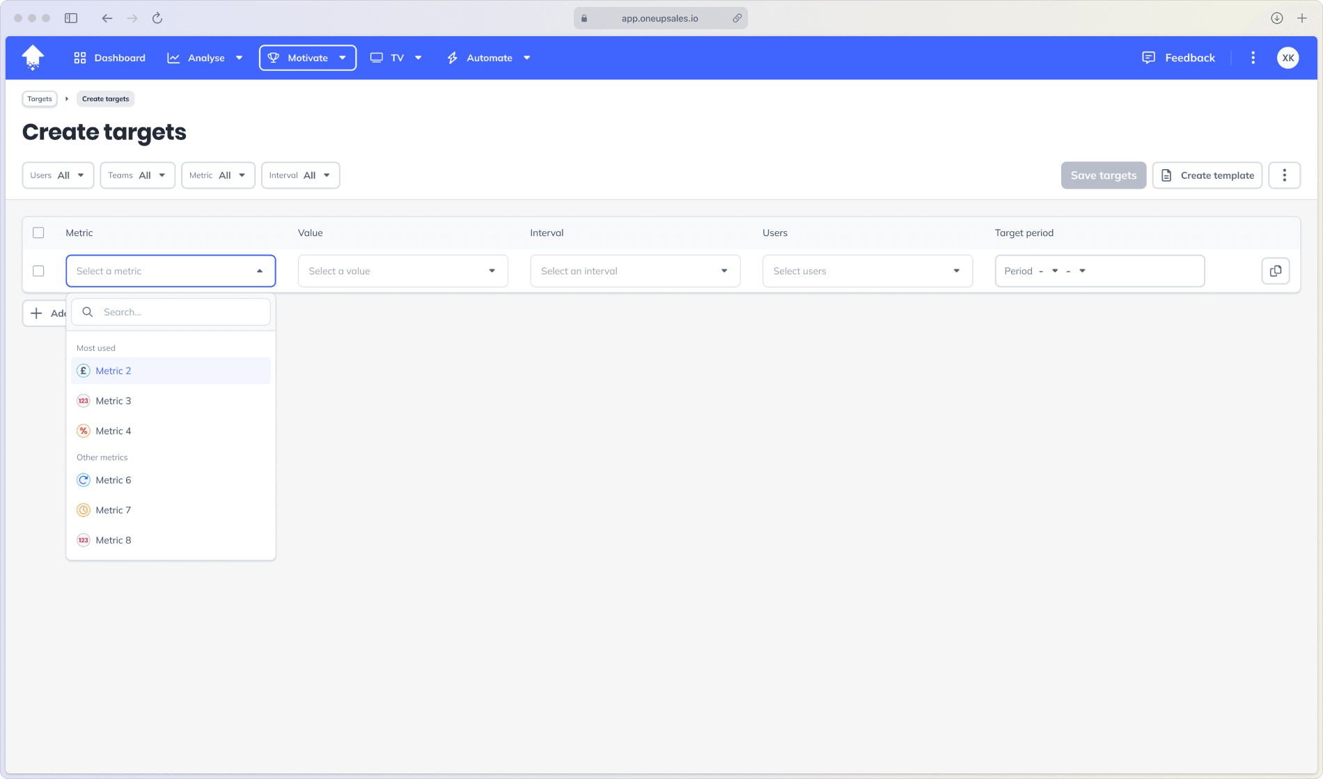 The create target flow highlighting the metric field