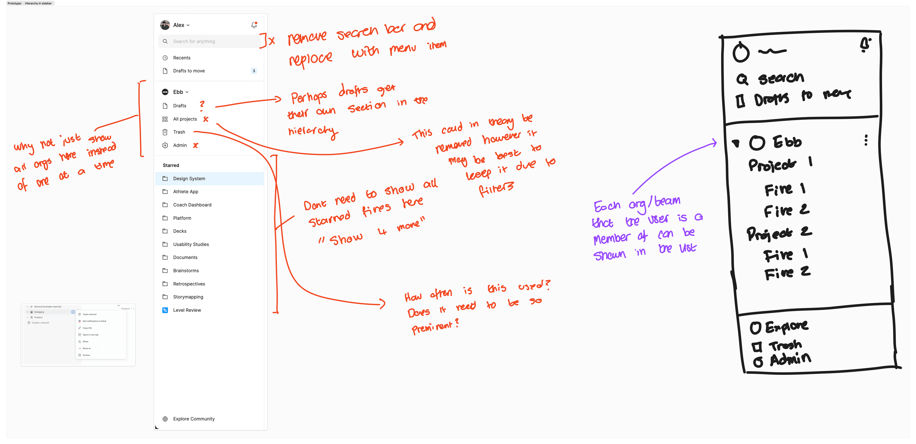 Wireframes for the Sidebar Hierarchy feature