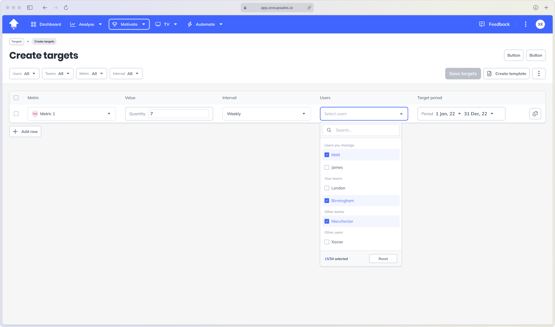 The create target flow highlighting the users field