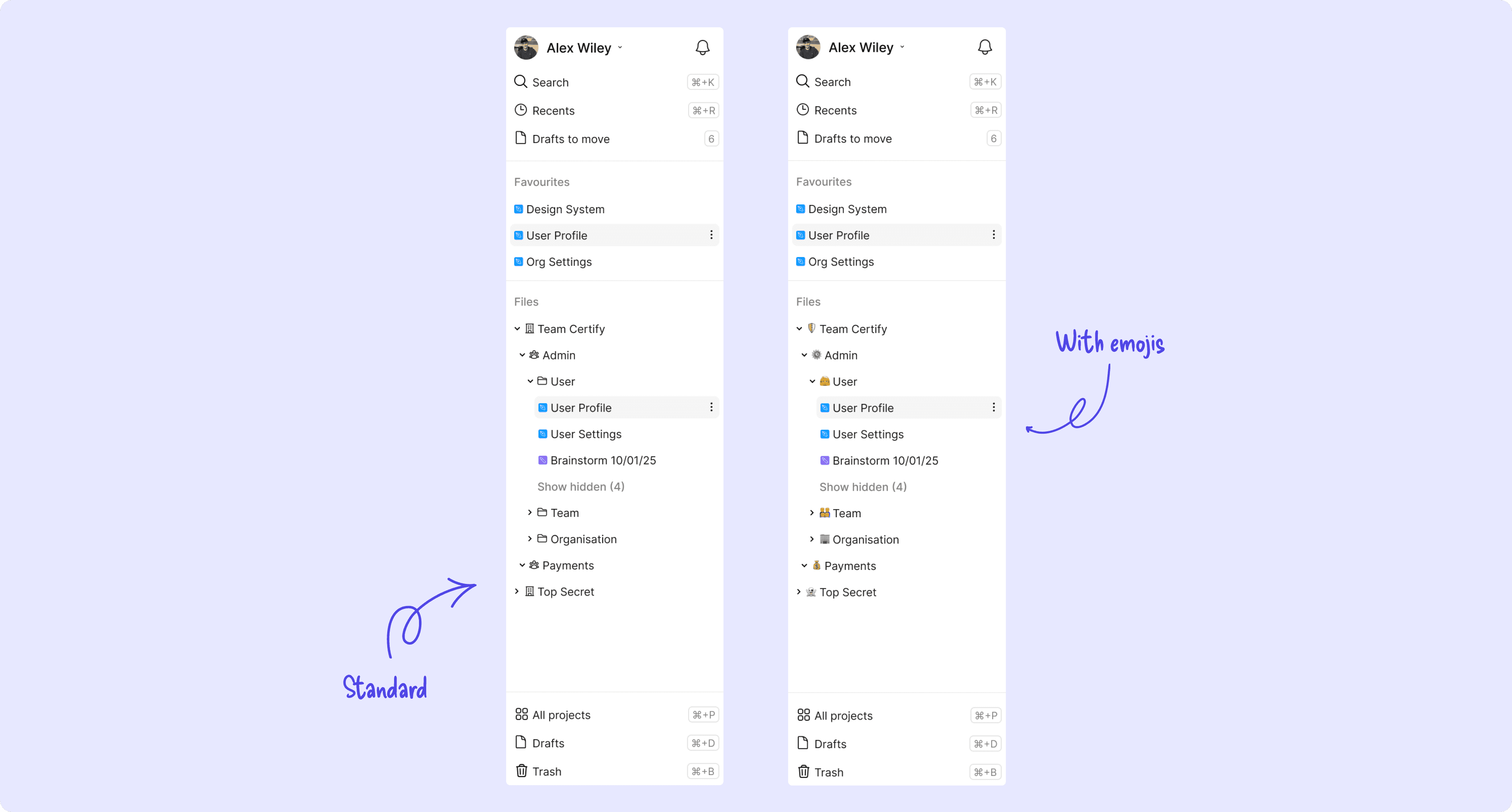 A high-fidelity mockup of the Hierarchy Sidebar feature